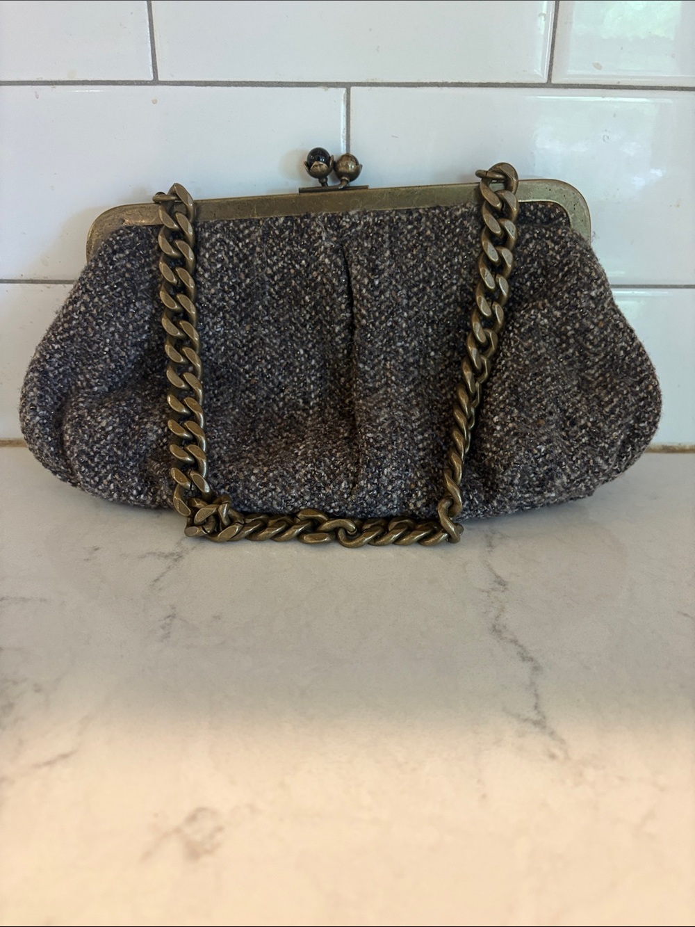 Woven Gray Chain-Handle Clutch